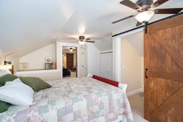 343 Highlands Forest Rd, Menlo, GA 30731 - bedroom featuring a barn door, carpet floors, lofted ceiling, and ceiling fan