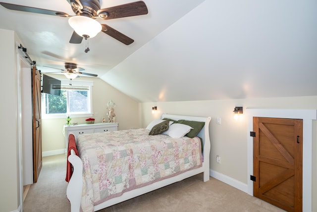 343 Highlands Forest Rd, Menlo, GA 30731 - bedroom with light carpet, a barn door, vaulted ceiling, and a ceiling fan