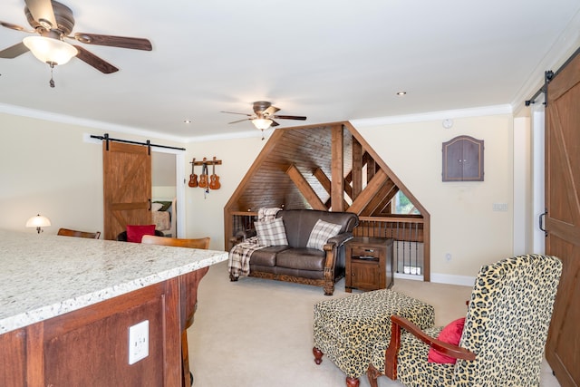343 Highlands Forest Rd, Menlo, GA 30731 - living room featuring a barn door, a ceiling fan, light carpet, ornamental molding, and recessed lighting