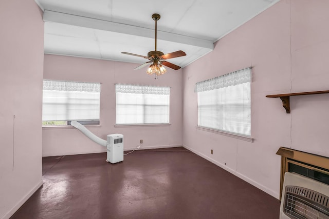 376 Pond Springs Rd, Chickamauga, GA 30707 - unfurnished dining area featuring concrete floors, a ceiling fan, heating unit, and beam ceiling