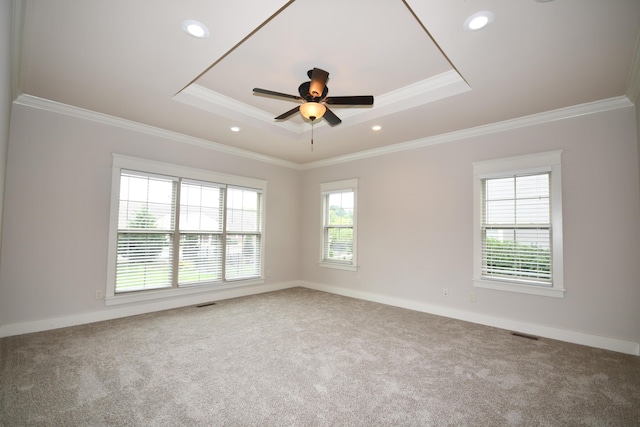 9532 Wandering Way, Ooltewah, TN 37363 - unfurnished room with a raised ceiling, ornamental molding, carpet flooring, a ceiling fan, and recessed lighting