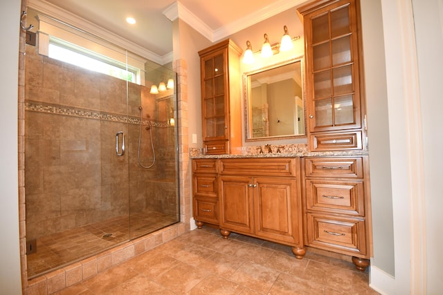 9532 Wandering Way, Ooltewah, TN 37363 - bathroom featuring a shower stall, vanity, and crown molding