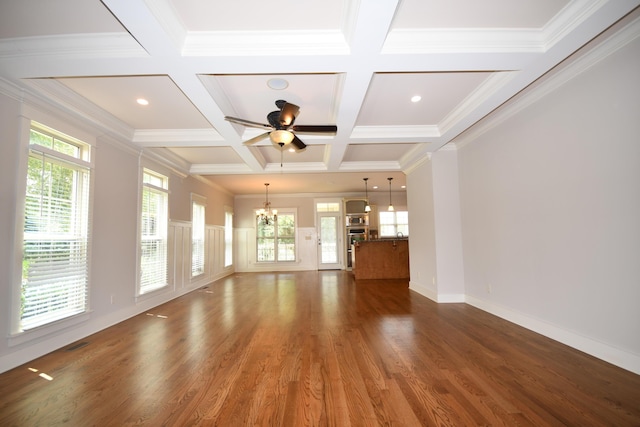 9532 Wandering Way, Ooltewah, TN 37363 - unfurnished living room with a chandelier, beam ceiling, coffered ceiling, wood finished floors, and ornamental molding