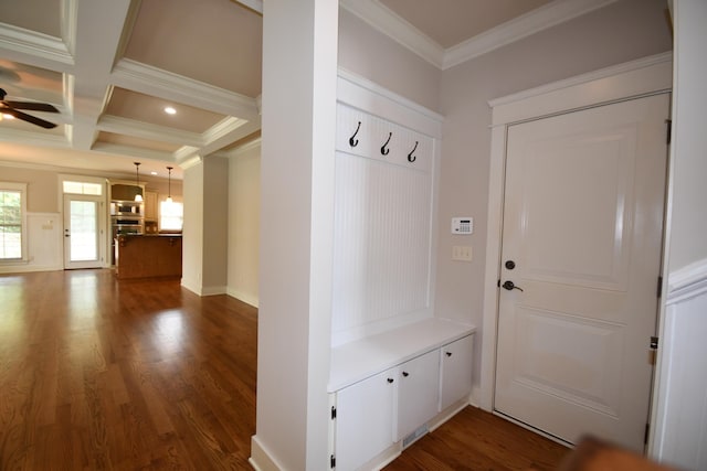 9532 Wandering Way, Ooltewah, TN 37363 - mudroom with ceiling fan, dark wood-style floors, ornamental molding, beam ceiling, and coffered ceiling