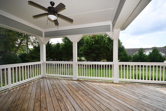 9532 Wandering Way, Ooltewah, TN 37363 - wooden deck featuring a ceiling fan and a yard