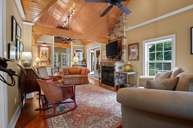 3412 Fairmount Pike, Signal Mountain, TN 37377 - living room featuring ceiling fan, wood ceiling, wood finished floors, a fireplace, and high vaulted ceiling