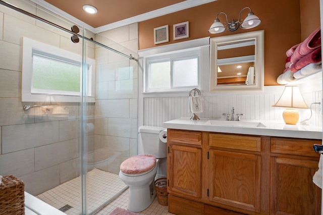 3412 Fairmount Pike, Signal Mountain, TN 37377 - full bath with vanity, ornamental molding, a stall shower, and a wainscoted wall