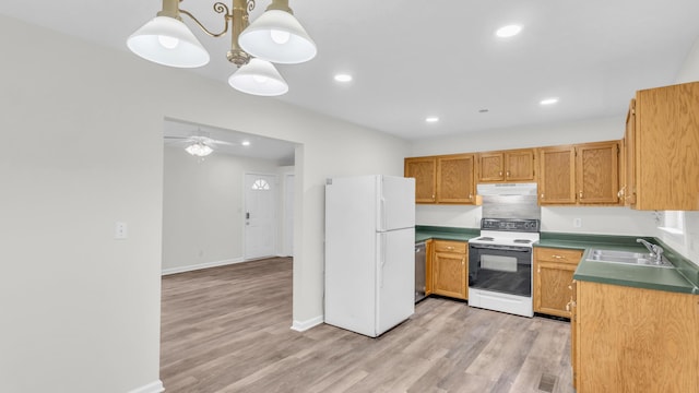 607 Gregory Ln, Lafayette, GA 30728 - kitchen featuring freestanding refrigerator, range with electric cooktop, under cabinet range hood, light wood-style floors, and a ceiling fan
