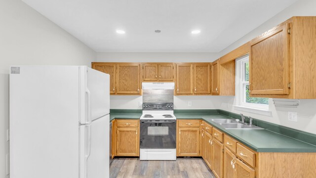 607 Gregory Ln, Lafayette, GA 30728 - kitchen featuring freestanding refrigerator, electric range oven, under cabinet range hood, light wood-style flooring, and recessed lighting