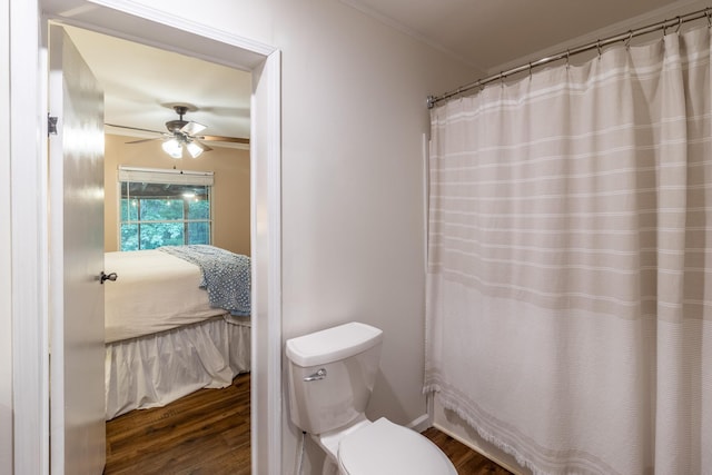 2113 Frankie Ln, Soddy Daisy, TN 37379 - ensuite bathroom featuring wood finished floors, ceiling fan, ornamental molding, and a shower with curtain