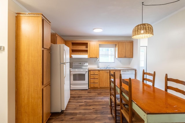 2113 Frankie Ln, Soddy Daisy, TN 37379 - kitchen with white appliances, ornamental molding, range hood, dark wood-style floors, and open shelves