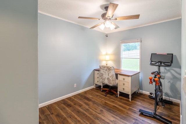 2113 Frankie Ln, Soddy Daisy, TN 37379 - office space featuring crown molding, dark wood-style floors, and a ceiling fan