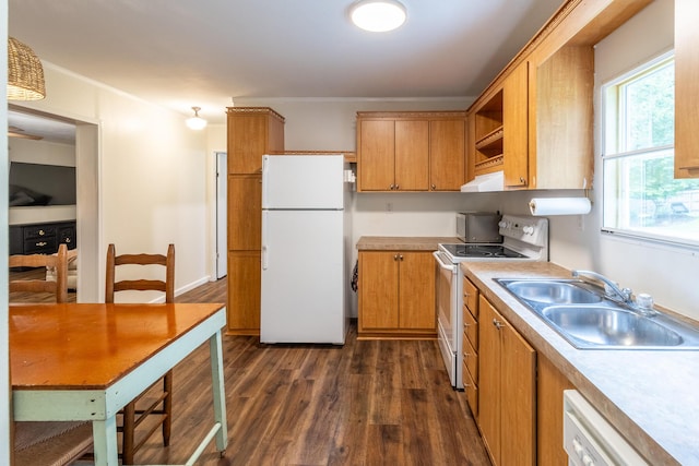 2113 Frankie Ln, Soddy Daisy, TN 37379 - kitchen with white appliances, under cabinet range hood, dark wood finished floors, and light countertops