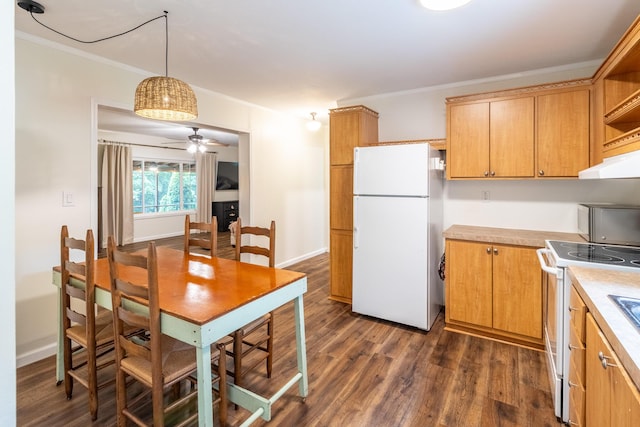 2113 Frankie Ln, Soddy Daisy, TN 37379 - kitchen with white appliances, open shelves, light countertops, dark wood-style flooring, and ornamental molding