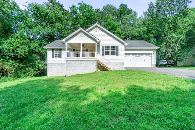 63 Apple Ln, Ringgold, GA 30736 - single story home featuring driveway, ceiling fan, a front lawn, stairway, and a porch