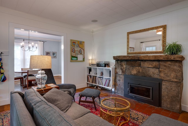 511 Georgia Ave, Signal Mountain, TN 37377 - living area featuring ornamental molding, a chandelier, a stone fireplace, and wood finished floors