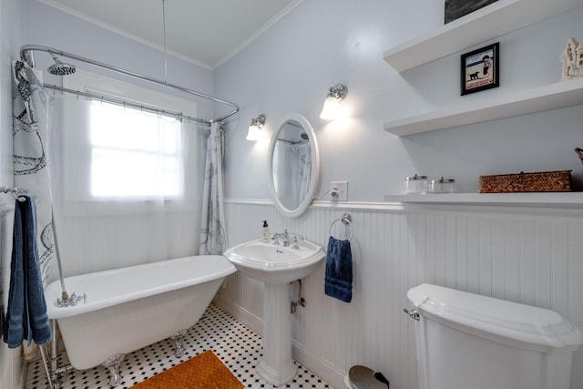 511 Georgia Ave, Signal Mountain, TN 37377 - bathroom with a freestanding bath, wainscoting, and ornamental molding