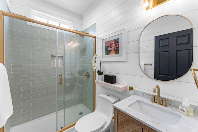 332 Oliver St, Chattanooga, TN 37405 - bathroom with vanity, a stall shower, and ornamental molding