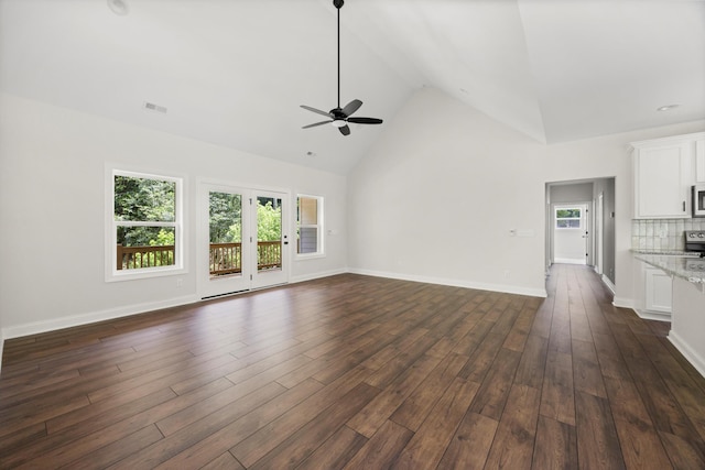 10822 Dallas Hollow Rd, Soddy Daisy, TN 37379 - unfurnished living room with ceiling fan, high vaulted ceiling, and dark wood finished floors