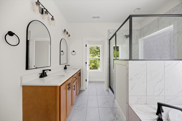 10822 Dallas Hollow Rd, Soddy Daisy, TN 37379 - full bath with marble finish floors, double vanity, and a shower stall