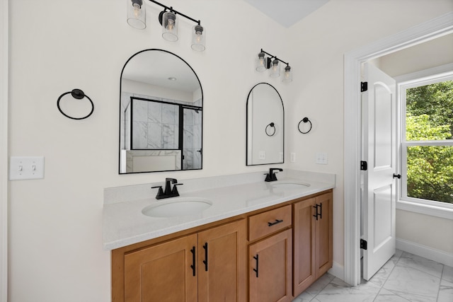 10822 Dallas Hollow Rd, Soddy Daisy, TN 37379 - bathroom with marble look tile flooring, plenty of natural light, double vanity, and a shower