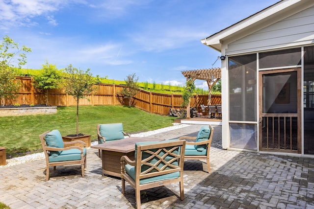 10607 Flicker Way, Apison, TN 37302 - fenced backyard with a sunroom, a pergola, and a patio