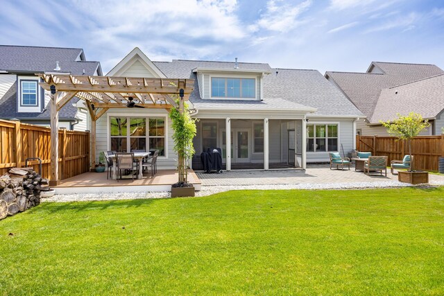 10607 Flicker Way, Apison, TN 37302 - rear view of property featuring a pergola, a fenced backyard, a patio, roof with shingles, and a sunroom