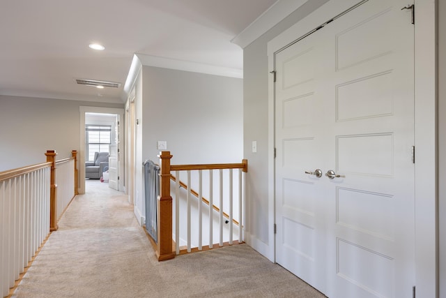 10607 Flicker Way, Apison, TN 37302 - hallway featuring an upstairs landing, light colored carpet, crown molding, and recessed lighting