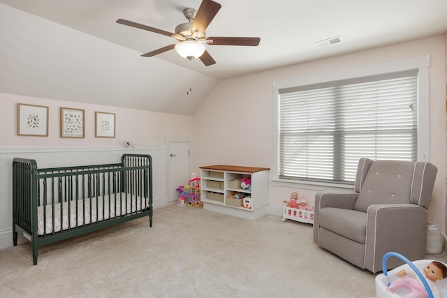 10607 Flicker Way, Apison, TN 37302 - bedroom featuring carpet floors, vaulted ceiling, a crib, and ceiling fan