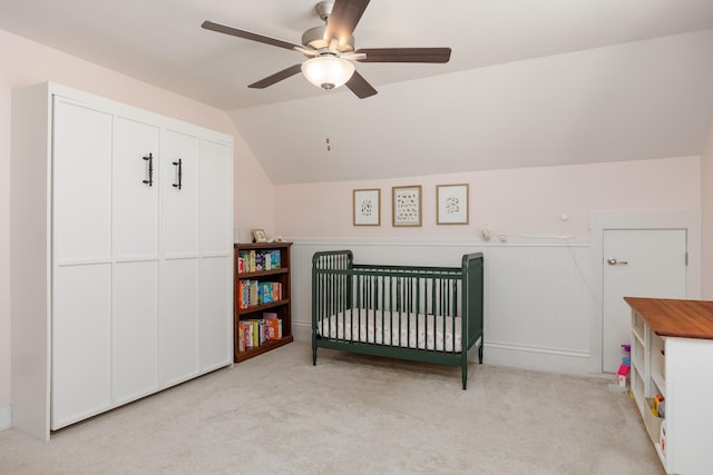 10607 Flicker Way, Apison, TN 37302 - bedroom featuring lofted ceiling, light colored carpet, wainscoting, ceiling fan, and a closet