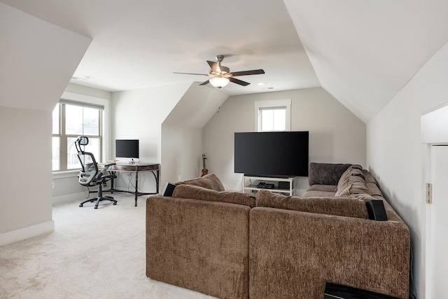 10607 Flicker Way, Apison, TN 37302 - living room featuring light carpet, ceiling fan, a desk, and lofted ceiling