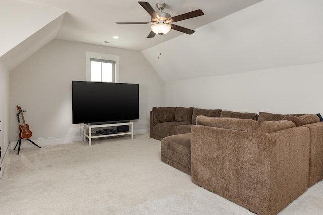 10607 Flicker Way, Apison, TN 37302 - living area featuring vaulted ceiling, a ceiling fan, and light carpet