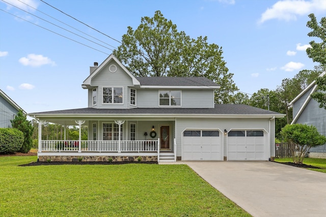 8616 Oak View Dr, Chattanooga, TN 37421 - view of front facade with covered porch, a garage, a chimney, driveway, and a front lawn