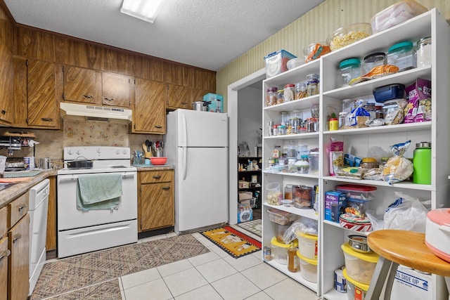 1433 Stratton Place Dr, Chattanooga, TN 37421 - kitchen with white appliances, under cabinet range hood, light countertops, light tile patterned floors, and a textured ceiling