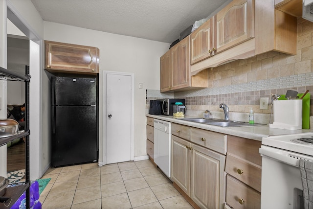 1433 Stratton Place Dr, Chattanooga, TN 37421 - kitchen featuring white appliances, light countertops, light tile patterned floors, tasteful backsplash, and light brown cabinetry