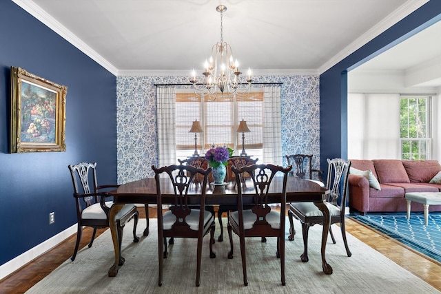 100 Scenic Hwy Unit 49, Lookout Mountain, TN 37350 - dining area with a chandelier, ornamental molding, wallpapered walls, and wood finished floors