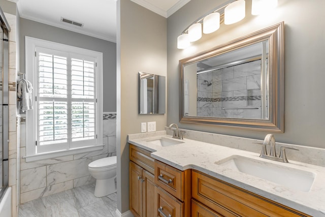 208 S Palisades Dr, Signal Mountain, TN 37377 - bathroom featuring marble look tiles, healthy amount of natural light, double vanity, and ornamental molding