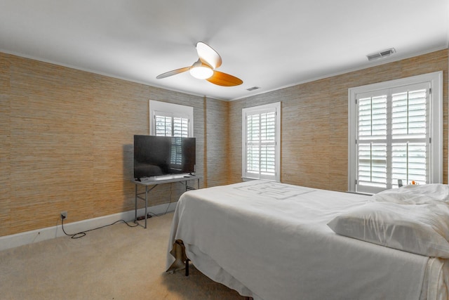 208 S Palisades Dr, Signal Mountain, TN 37377 - bedroom featuring carpet floors, a ceiling fan, and ornamental molding