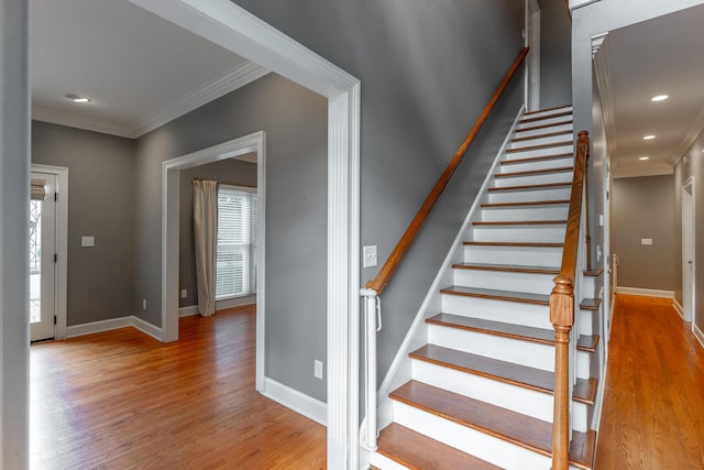 802 Signal Mountain Blvd Unit 121, Signal Mountain, TN 37377 - staircase featuring crown molding, wood finished floors, and recessed lighting