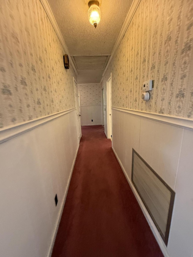 30551 Al Al Unit 71, Bryant, AL 35958 - corridor featuring a wainscoted wall, a textured ceiling, wallpapered walls, and carpet flooring