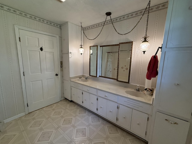 30551 Al Al Unit 71, Bryant, AL 35958 - full bath featuring double vanity, wallpapered walls, tile patterned floors, and a shower with curtain