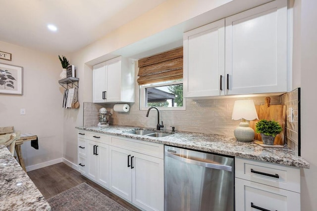 414 N Three Notch Rd, Ringgold, GA 30736 - kitchen featuring stainless steel dishwasher, dark wood-style floors, white cabinetry, backsplash, and light stone countertops