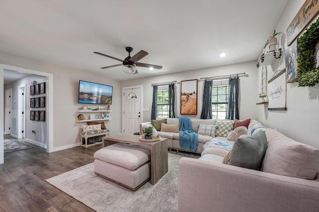 414 N Three Notch Rd, Ringgold, GA 30736 - living room featuring wood finished floors, ceiling fan, and recessed lighting