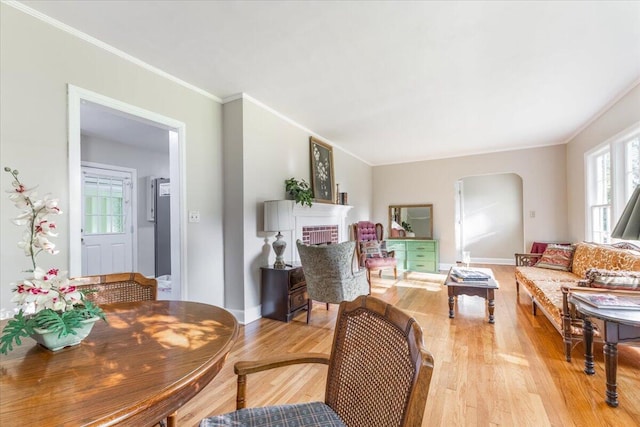 147 Kirby St, Summerville, GA 30747 - living area with light wood-style floors, ornamental molding, arched walkways, and a fireplace