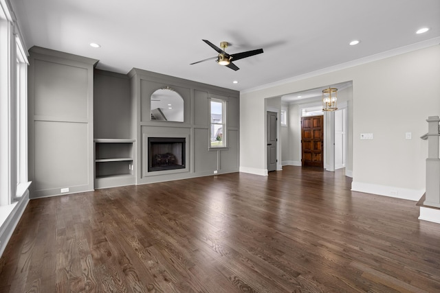1784 River Breeze Dr, Soddy Daisy, TN 37379 - unfurnished living room with a fireplace, crown molding, ceiling fan, dark wood finished floors, and recessed lighting