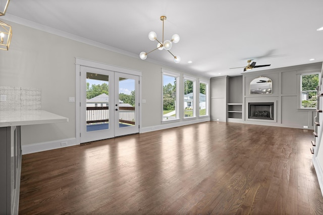 1784 River Breeze Dr, Soddy Daisy, TN 37379 - unfurnished living room with ornamental molding, a chandelier, dark wood-style floors, french doors, and ceiling fan