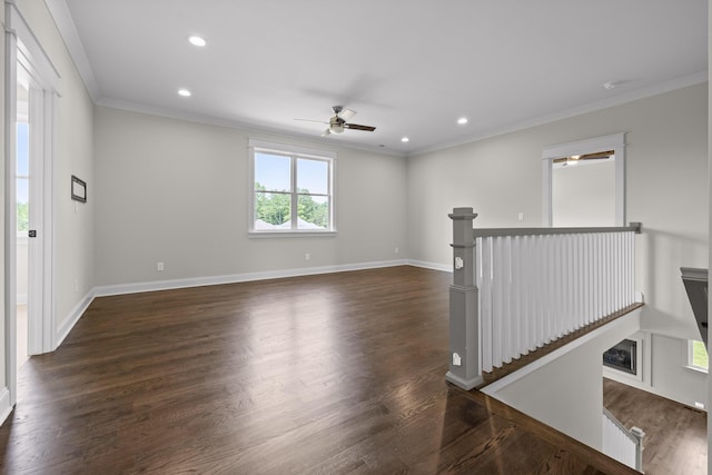 1784 River Breeze Dr, Soddy Daisy, TN 37379 - spare room with crown molding, ceiling fan, dark wood finished floors, and recessed lighting
