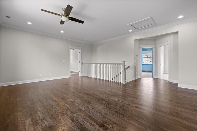 1784 River Breeze Dr, Soddy Daisy, TN 37379 - spare room with ornamental molding, dark wood-type flooring, ceiling fan, recessed lighting, and attic access