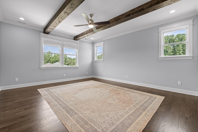 1784 River Breeze Dr, Soddy Daisy, TN 37379 - empty room featuring a ceiling fan, dark wood-type flooring, beamed ceiling, and recessed lighting