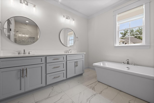 1784 River Breeze Dr, Soddy Daisy, TN 37379 - full bathroom with marble look tiles, double vanity, a shower stall, healthy amount of natural light, and crown molding